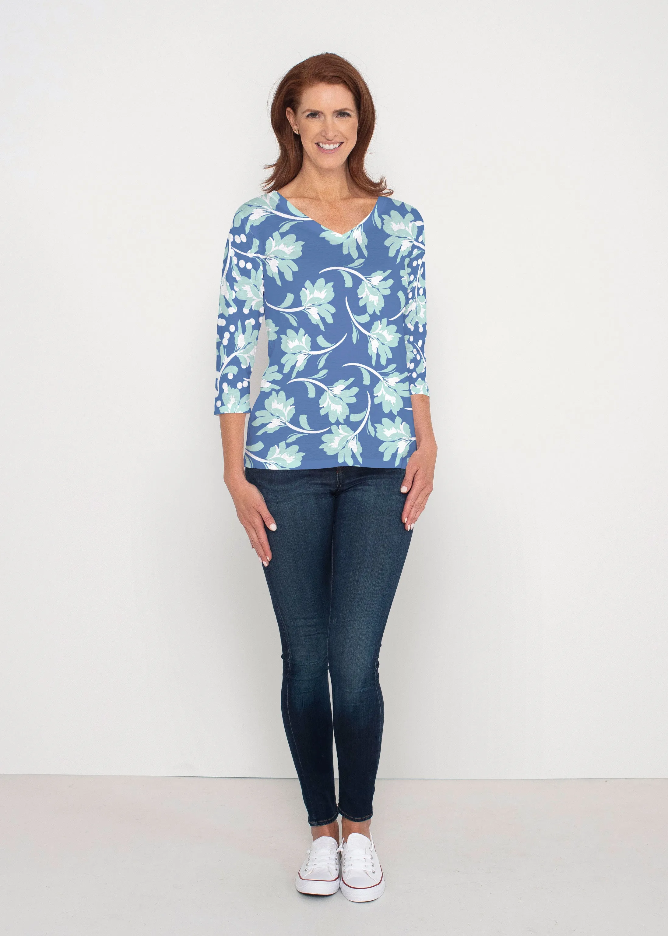 Polka Dot Floral Navy (7916) ~ Signature 3/4 Sleeve V-Neck Top