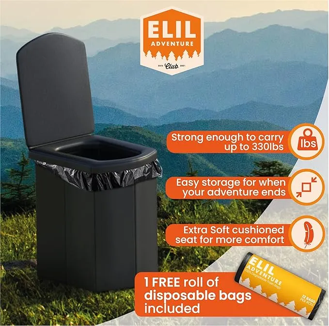 Portable Toilet for Adults Camping Porta Potty Toilet, Extra Tall Emergency Toilet for Car, Poo Powder with Trash Bag with Foldable Toilet with Lid, Leather Seat, and Carry Bag