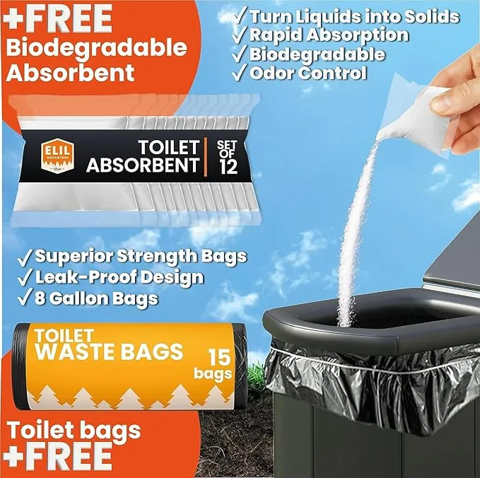 Portable Toilet for Adults Camping Porta Potty Toilet, Extra Tall Emergency Toilet for Car, Poo Powder with Trash Bag with Foldable Toilet with Lid, Leather Seat, and Carry Bag