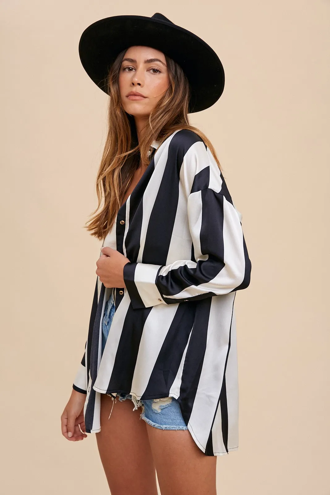 Power Stripes Black/Ivory Button Up Top