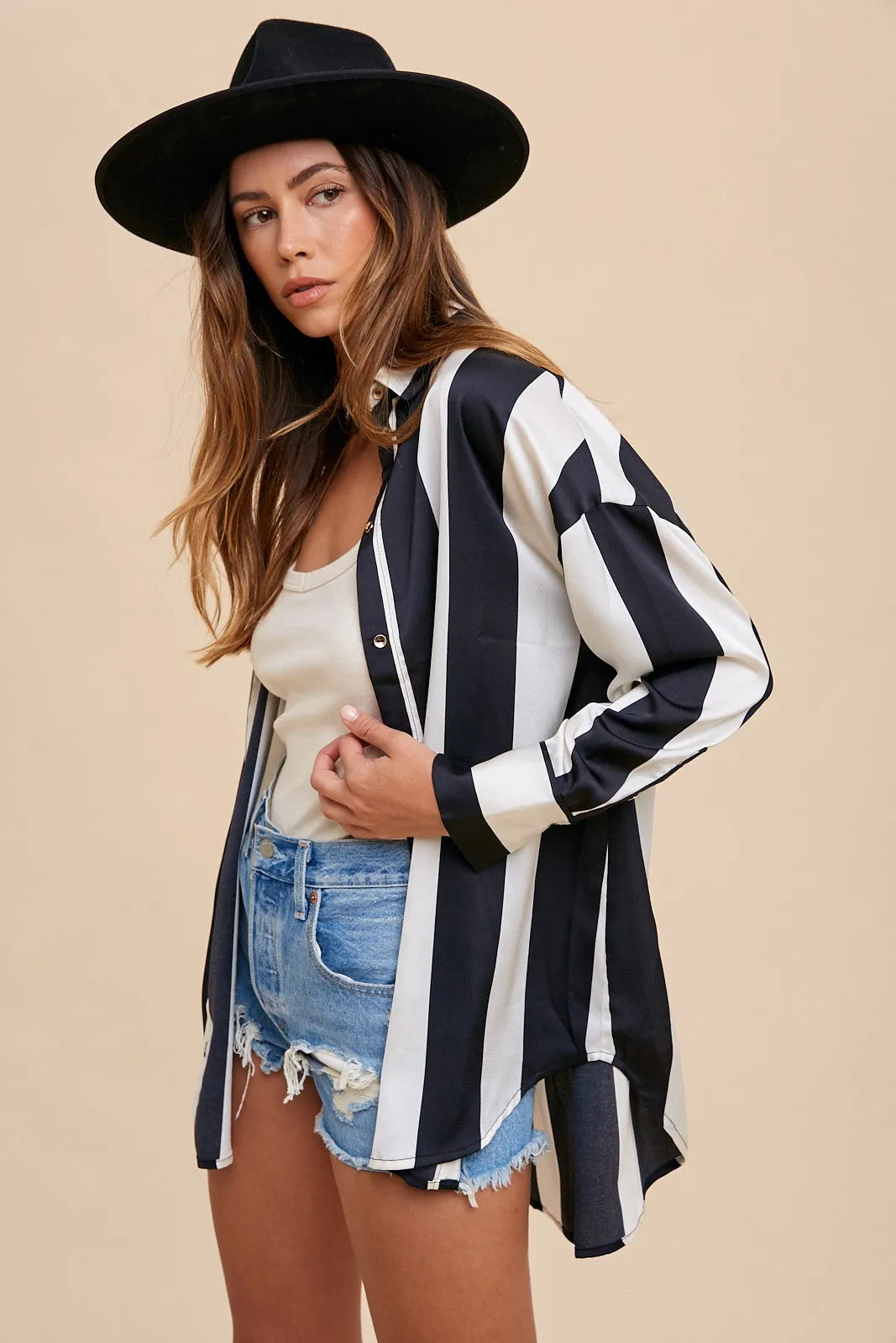 Power Stripes Black/Ivory Button Up Top