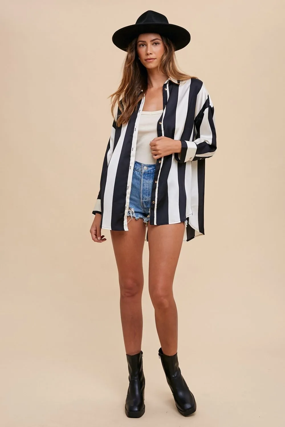 Power Stripes Black/Ivory Button Up Top
