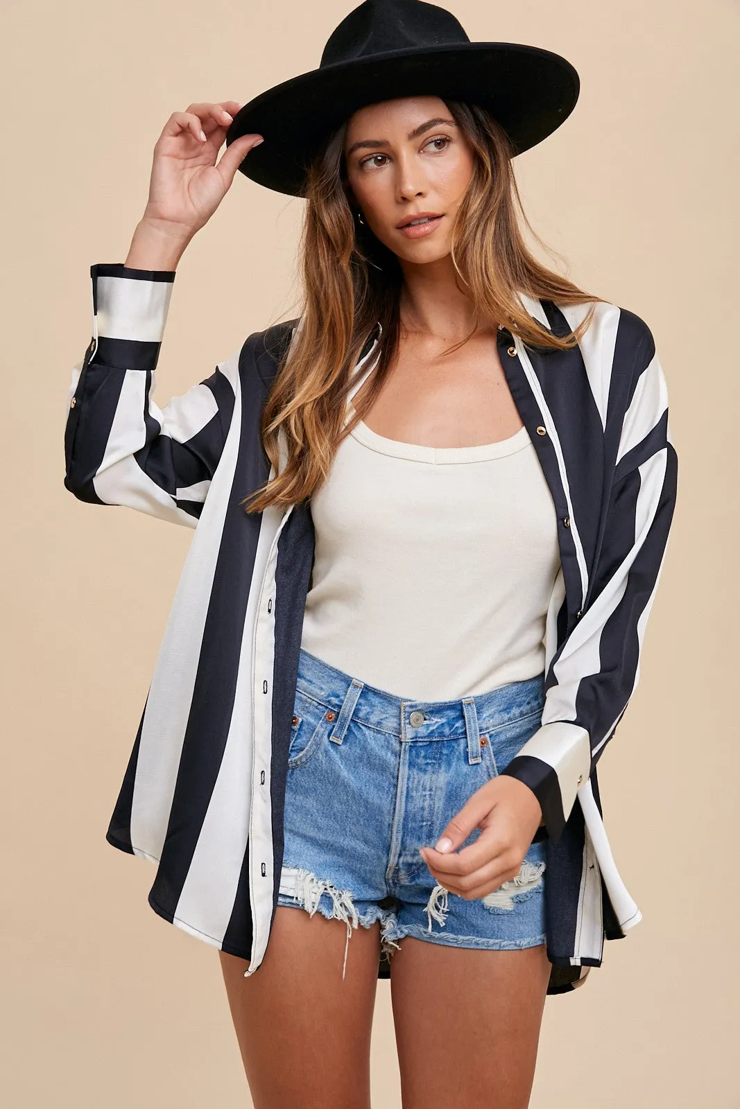 Power Stripes Black/Ivory Button Up Top