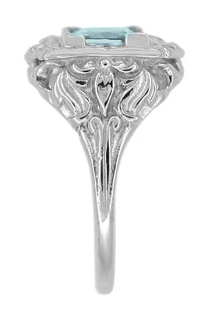 Princess Cut Aquamarine Art Nouveau Ring in 14 Karat White Gold