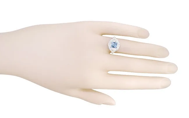 Princess Cut Aquamarine Art Nouveau Ring in 14 Karat White Gold