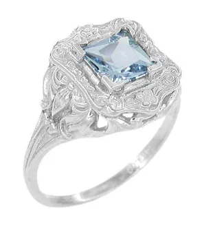 Princess Cut Aquamarine Art Nouveau Ring in 14 Karat White Gold