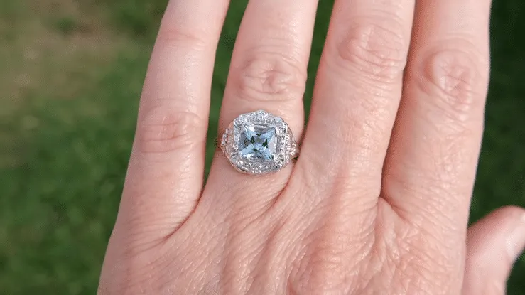 Princess Cut Aquamarine Art Nouveau Ring in 14 Karat White Gold