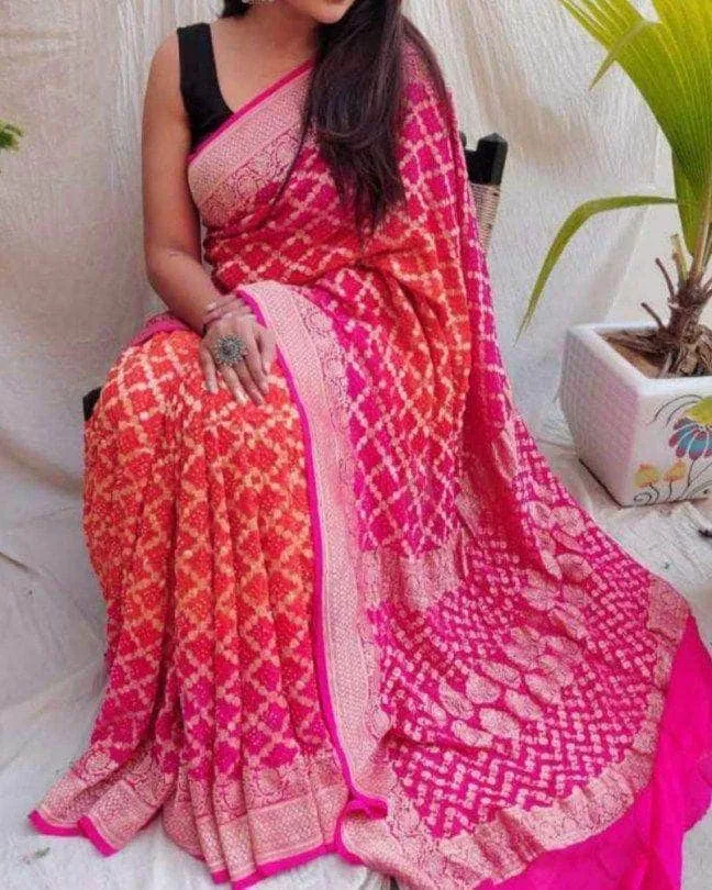 Pure Banarasi Khaddi Chiffon Georgette bandhini print Saree