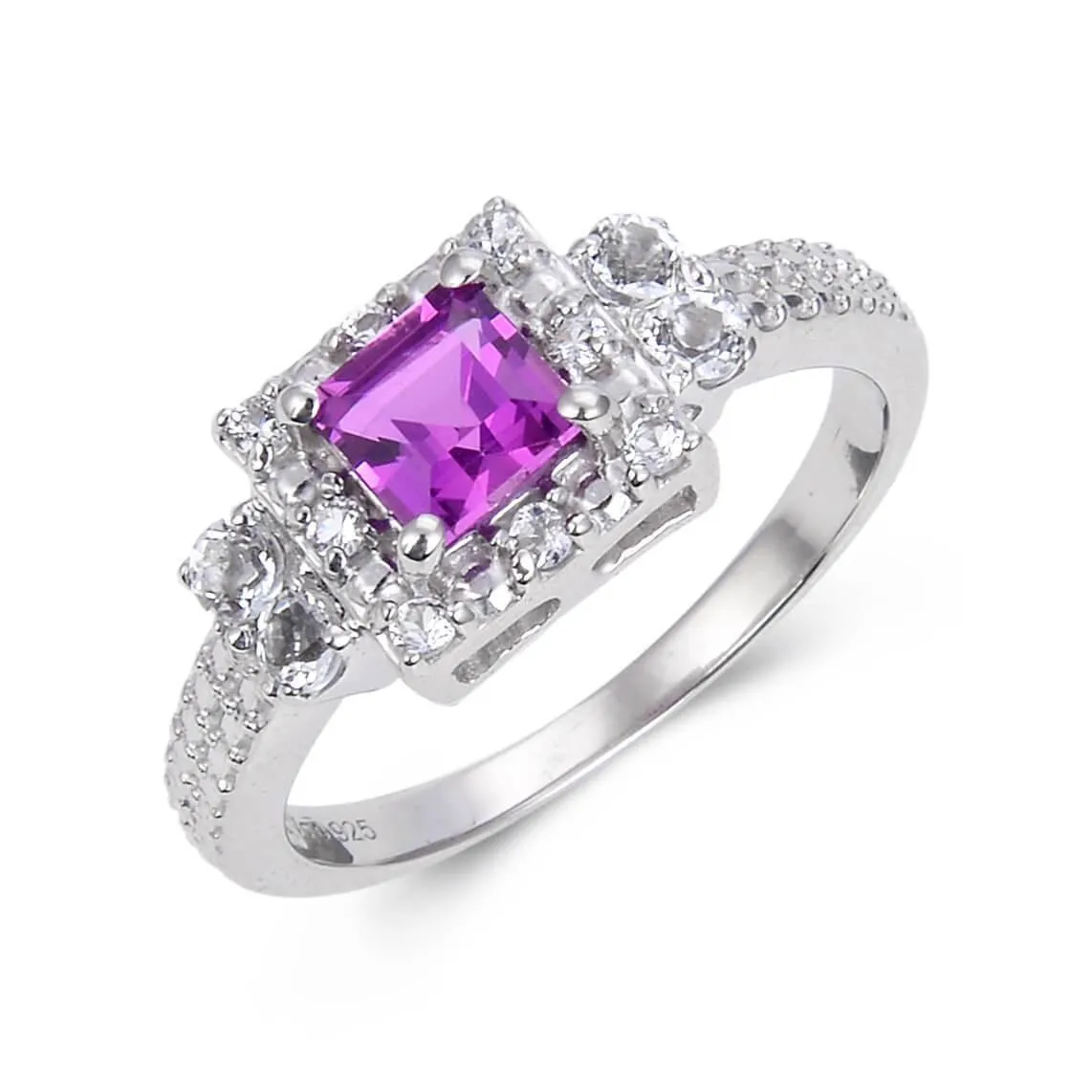Purple Sapphire Square Halo Ring with Accents