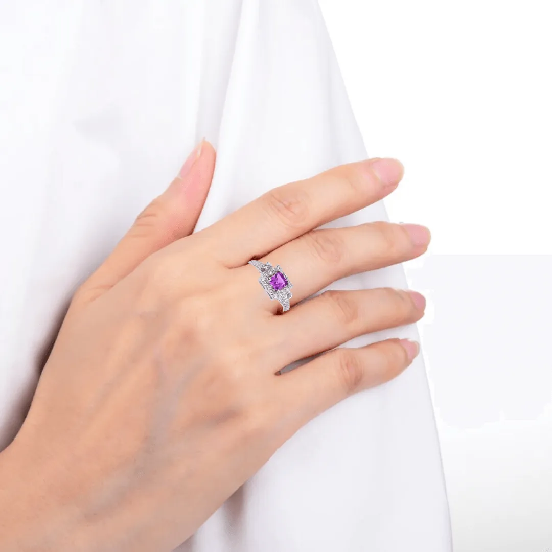 Purple Sapphire Square Halo Ring with Accents