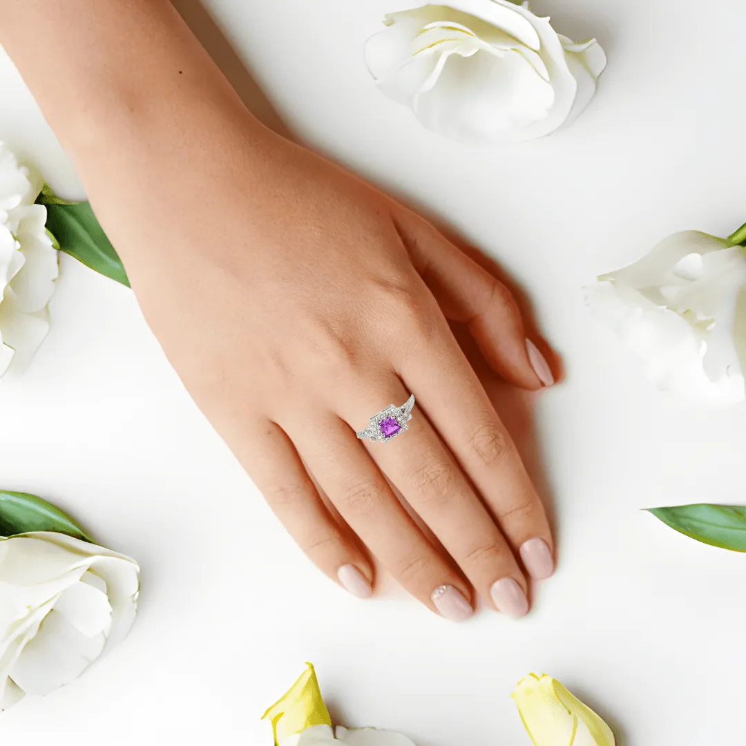 Purple Sapphire Square Halo Ring with Accents