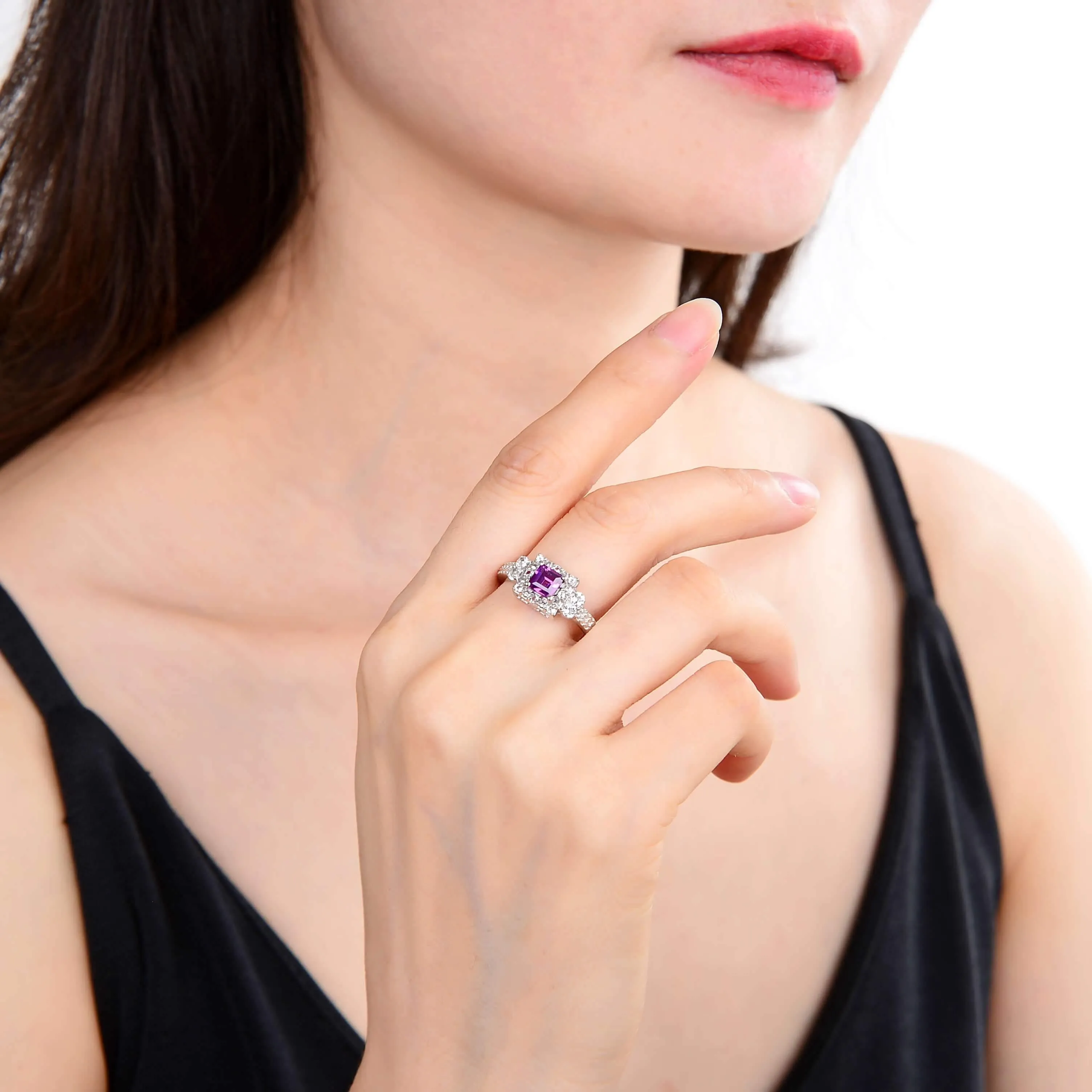 Purple Sapphire Square Halo Ring with Accents