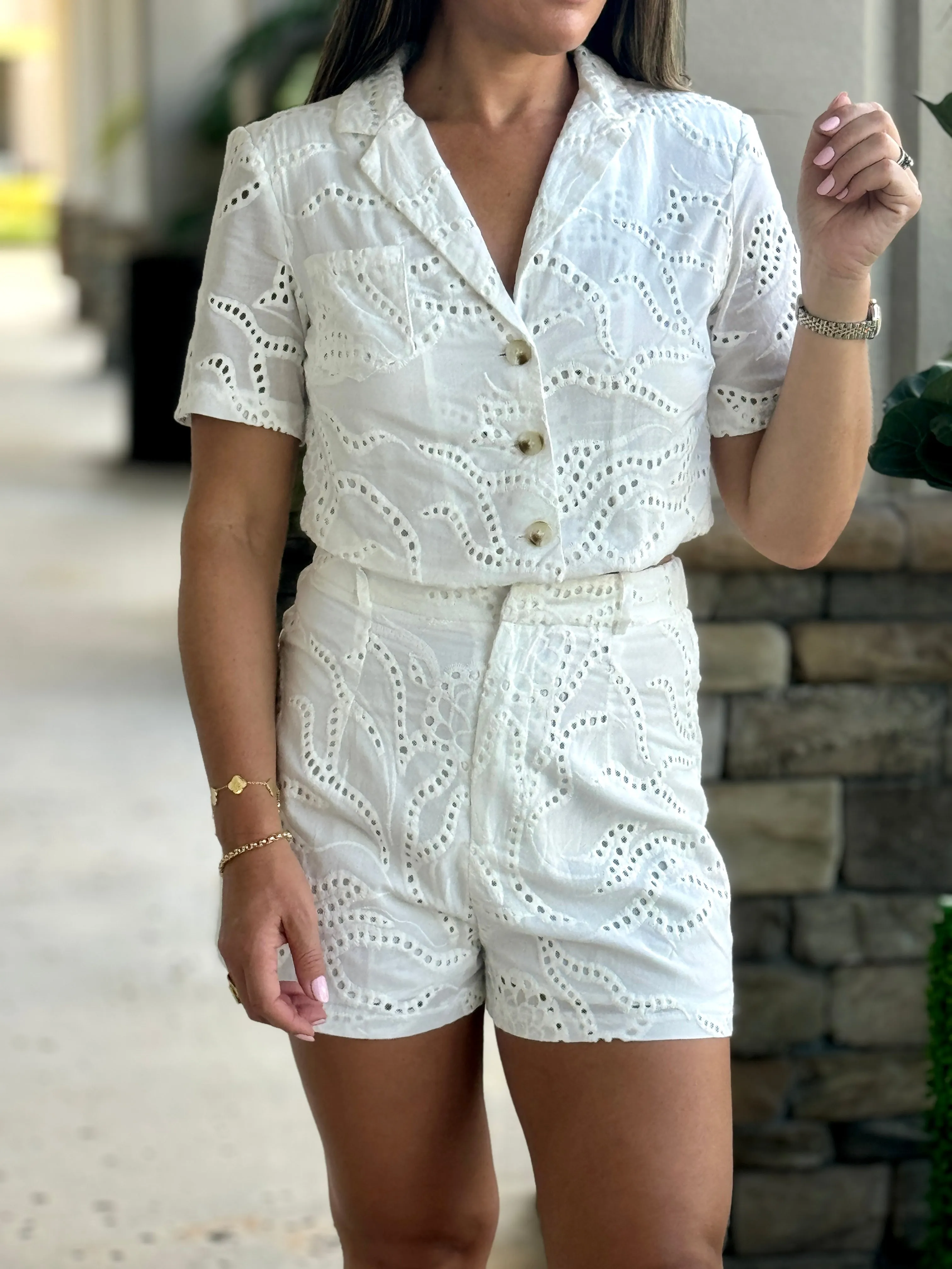 "Arianny" Eyelet Short Sleeve Top And High Waisted Shorts Set