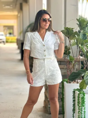 "Arianny" Eyelet Short Sleeve Top And High Waisted Shorts Set