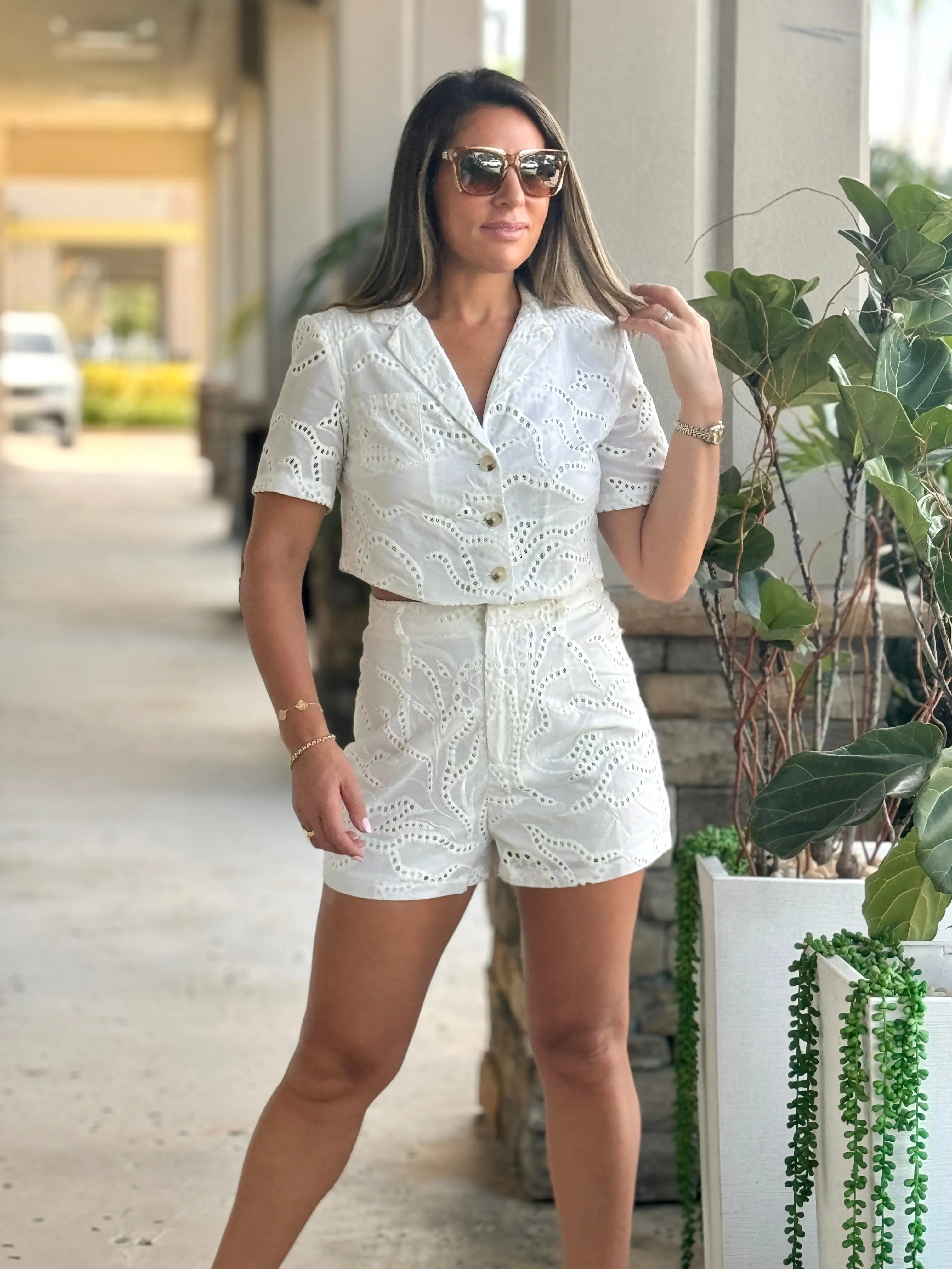 "Arianny" Eyelet Short Sleeve Top And High Waisted Shorts Set