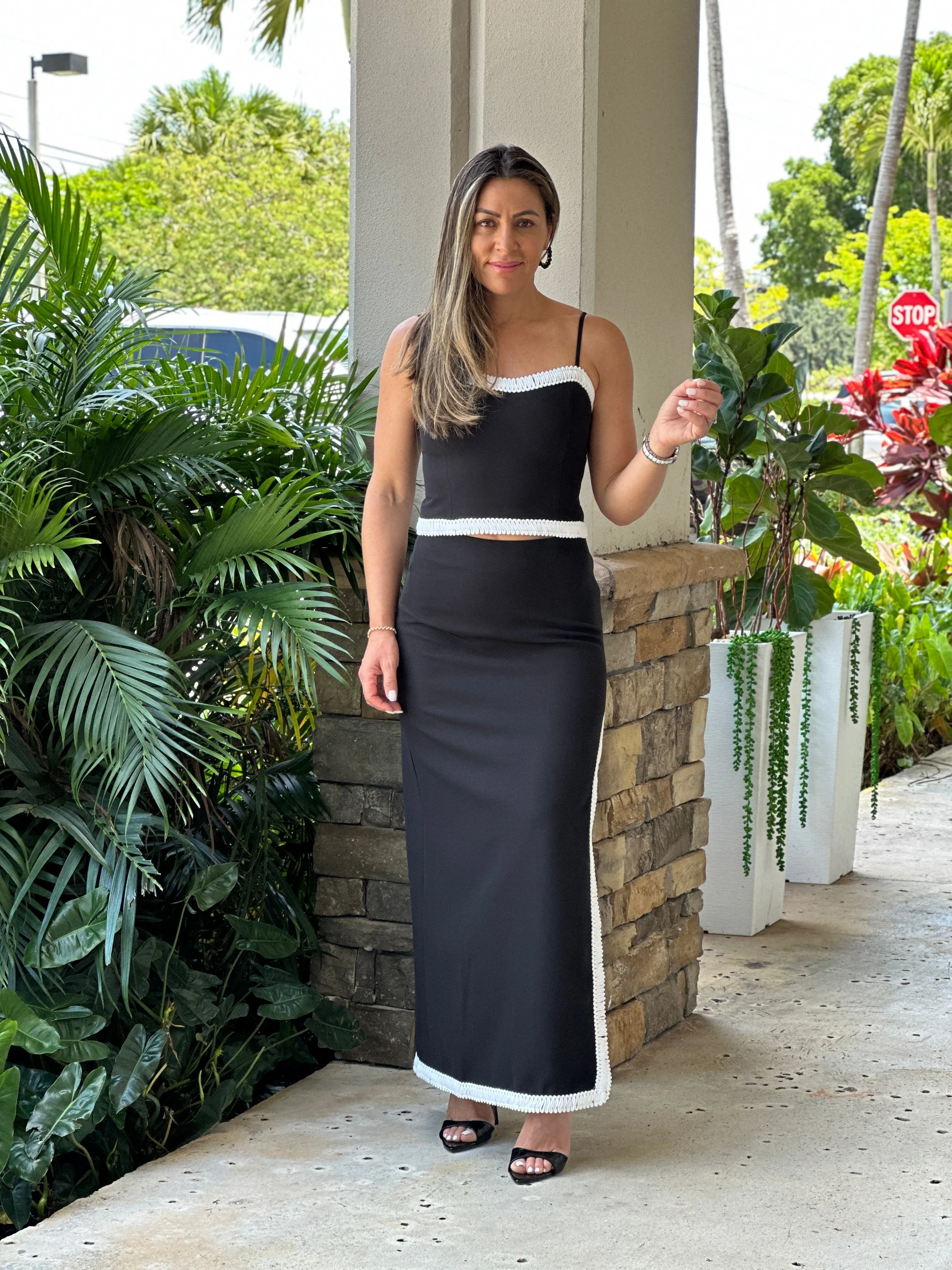 "Silvana" High Waisted Midi Skirt With A Slit On The Side And A Matching Crop Top
