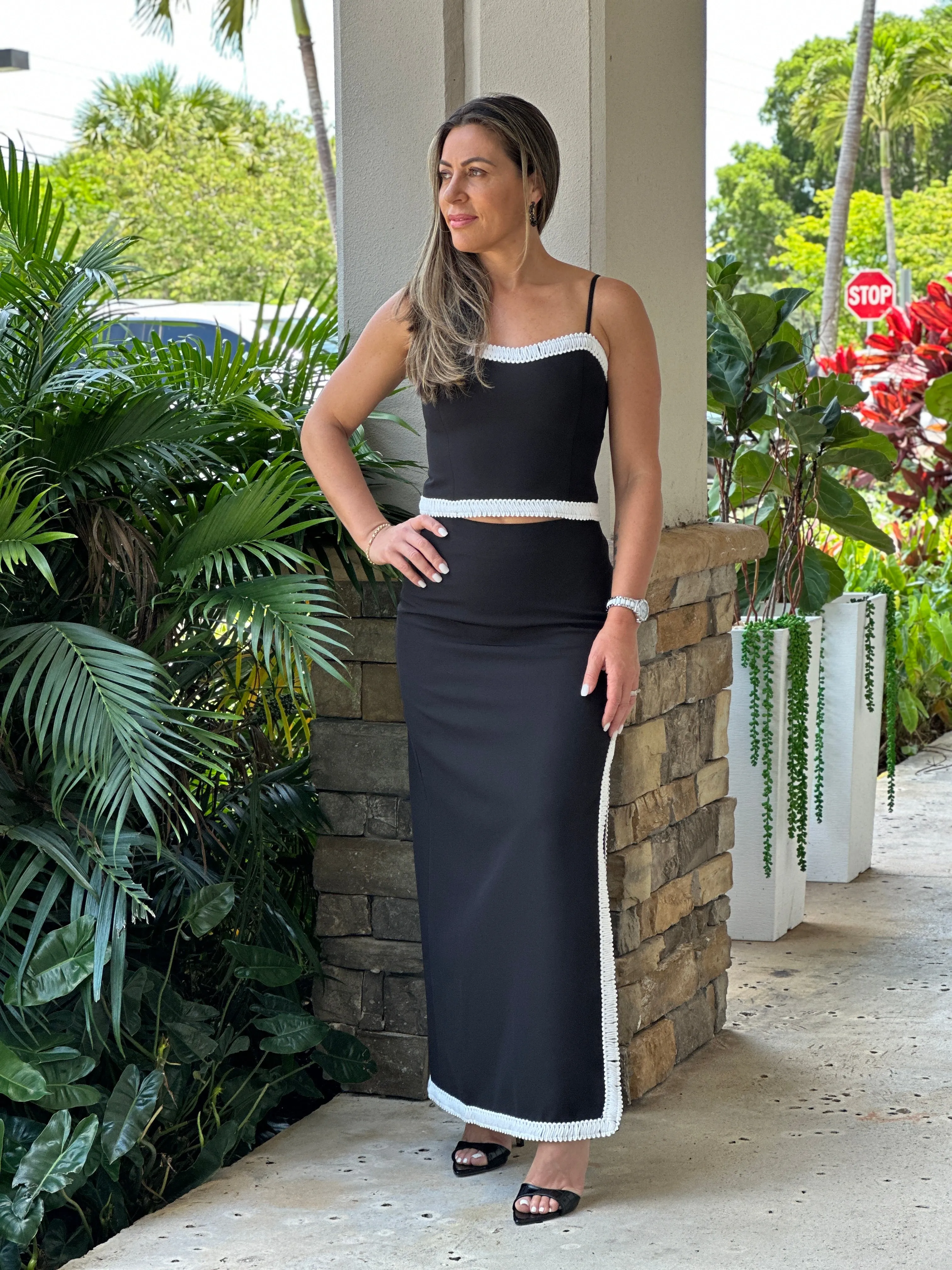 "Silvana" High Waisted Midi Skirt With A Slit On The Side And A Matching Crop Top