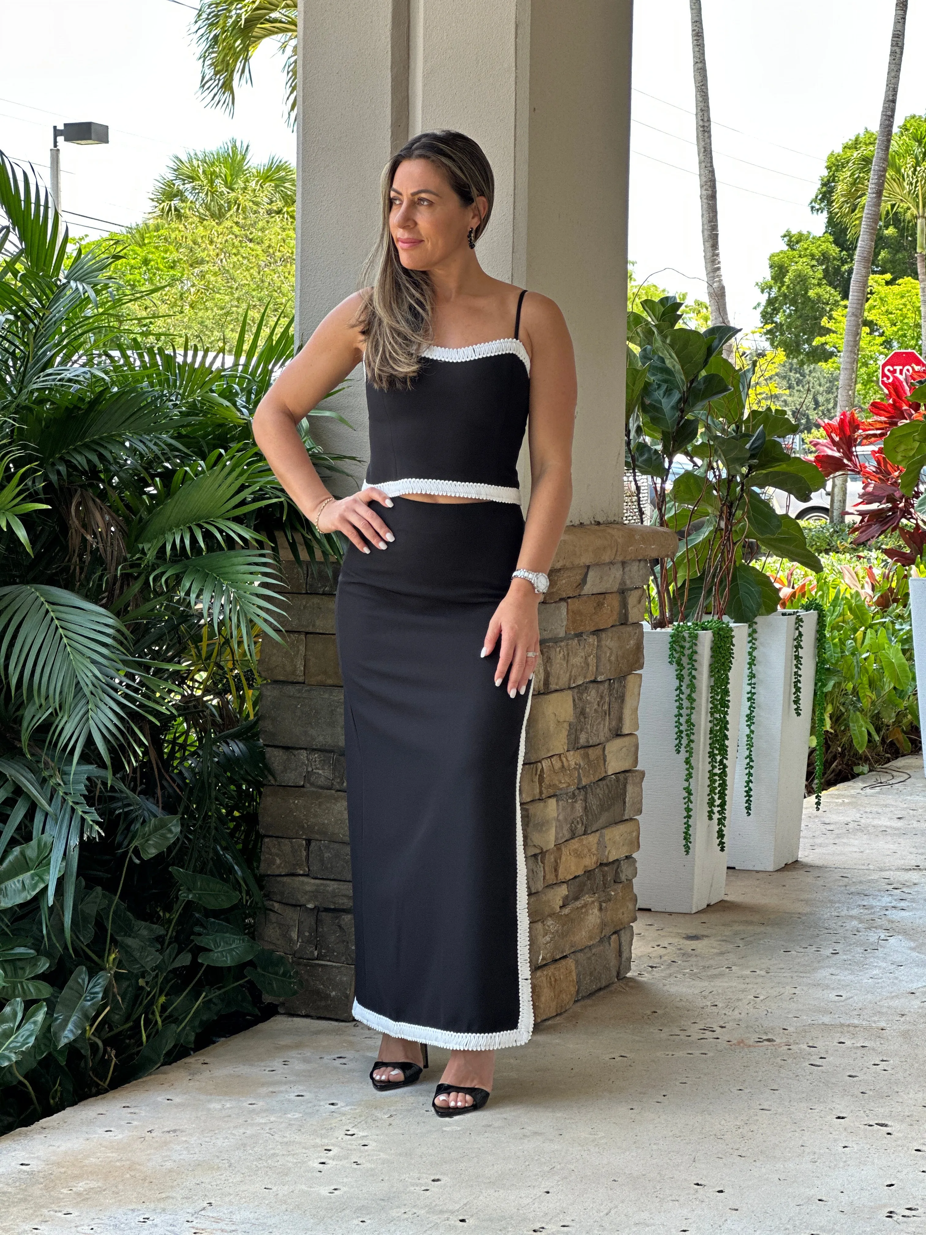 "Silvana" High Waisted Midi Skirt With A Slit On The Side And A Matching Crop Top