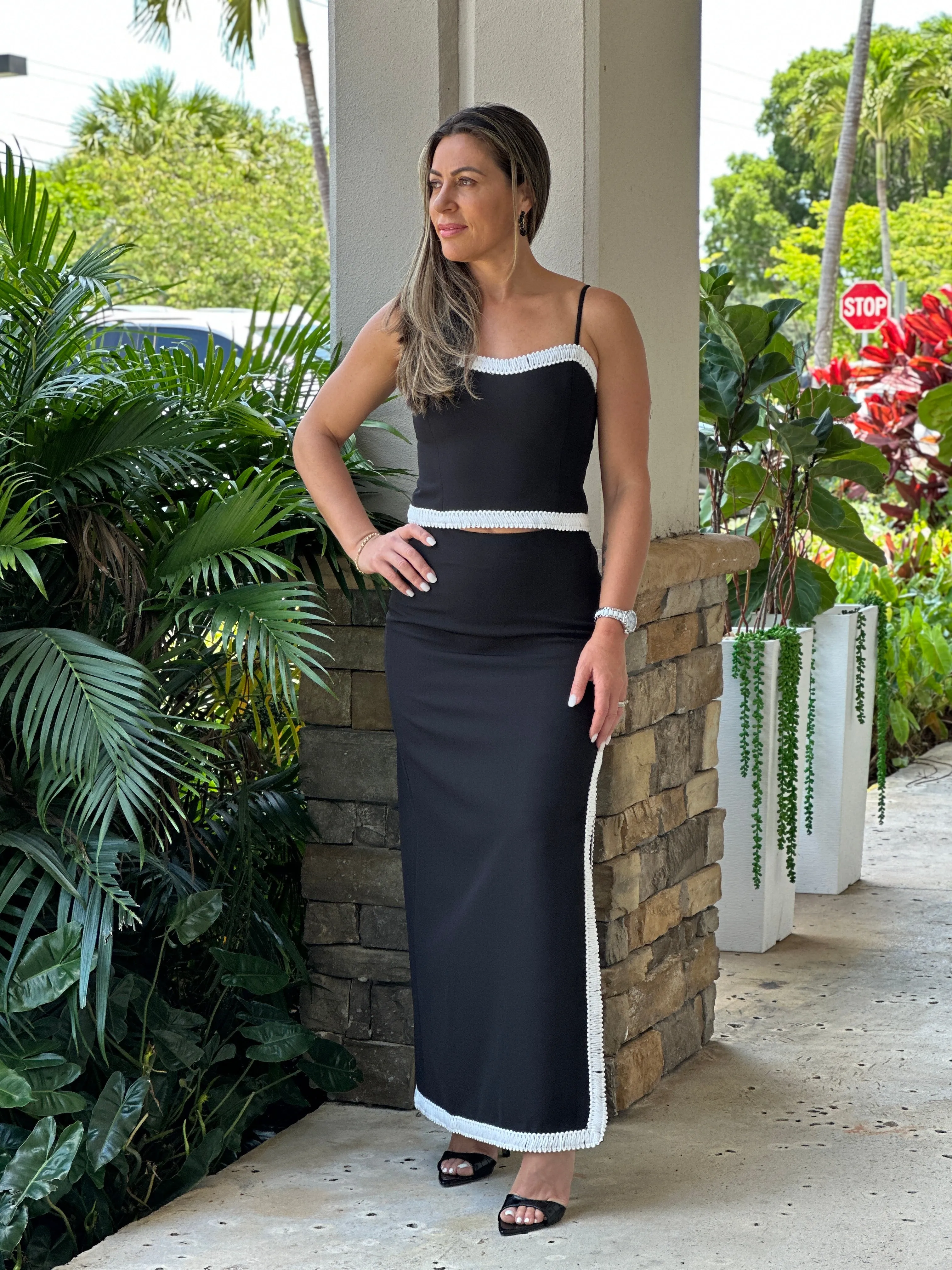 "Silvana" High Waisted Midi Skirt With A Slit On The Side And A Matching Crop Top
