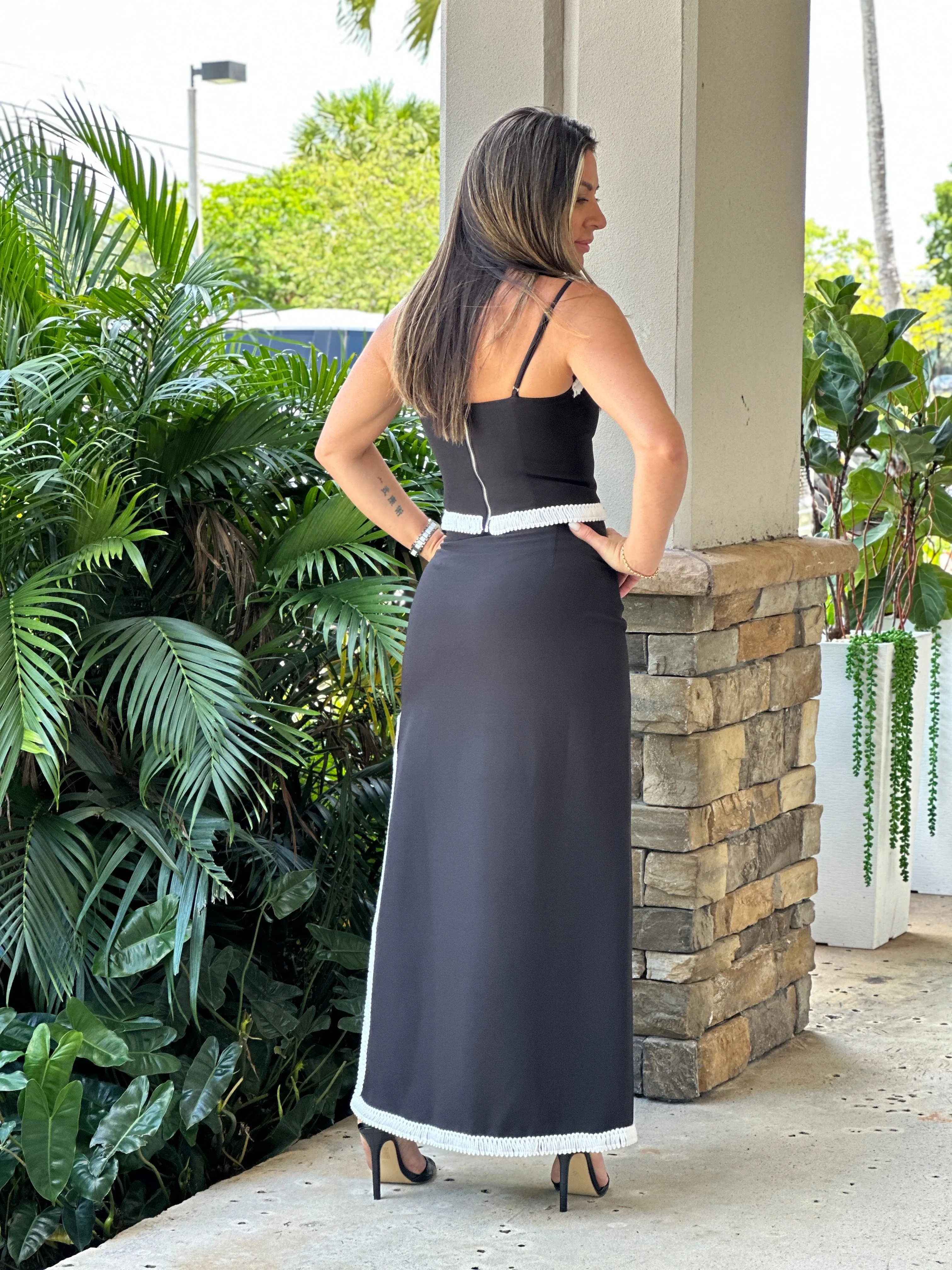 "Silvana" High Waisted Midi Skirt With A Slit On The Side And A Matching Crop Top