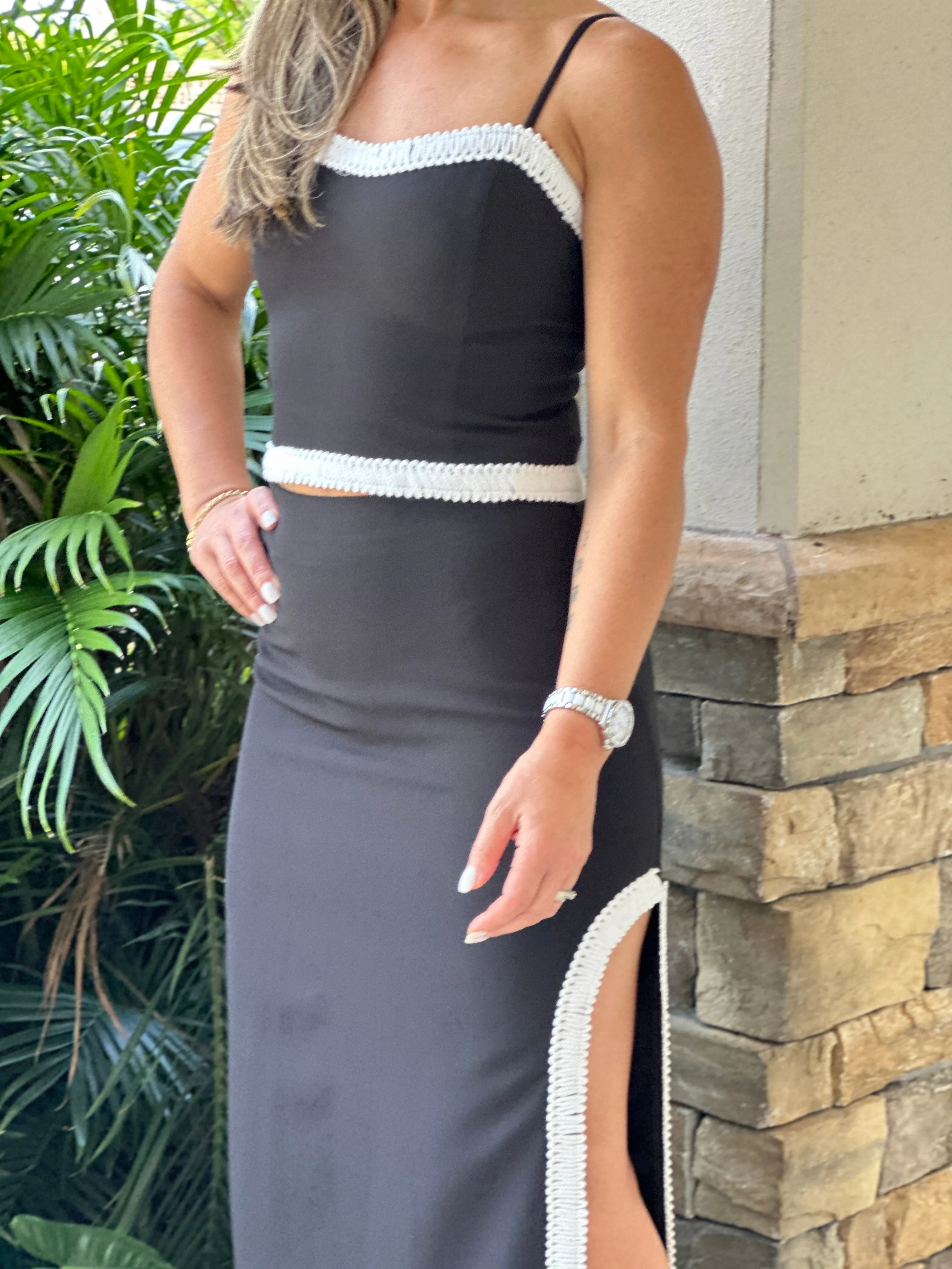 "Silvana" High Waisted Midi Skirt With A Slit On The Side And A Matching Crop Top
