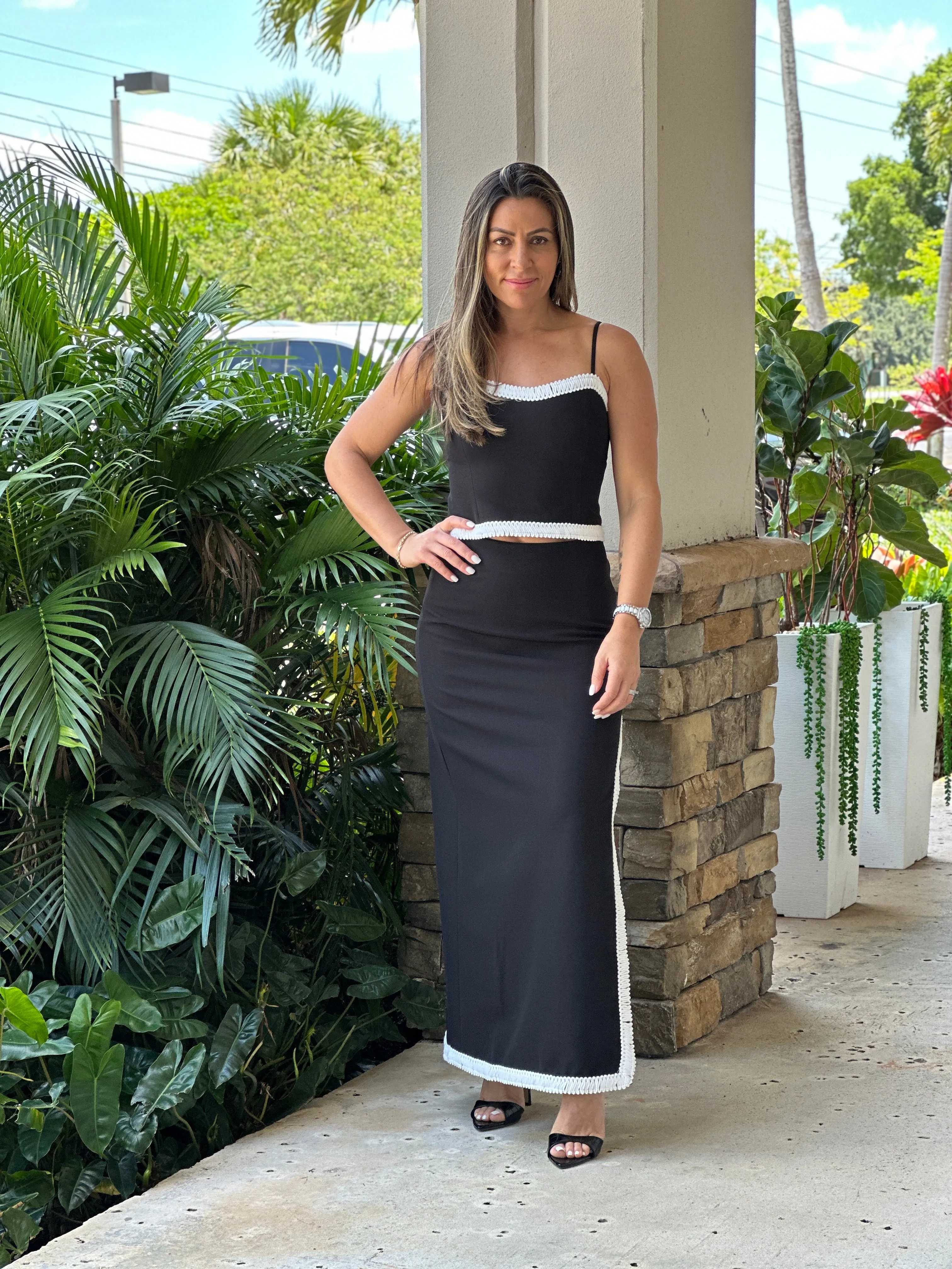 "Silvana" High Waisted Midi Skirt With A Slit On The Side And A Matching Crop Top