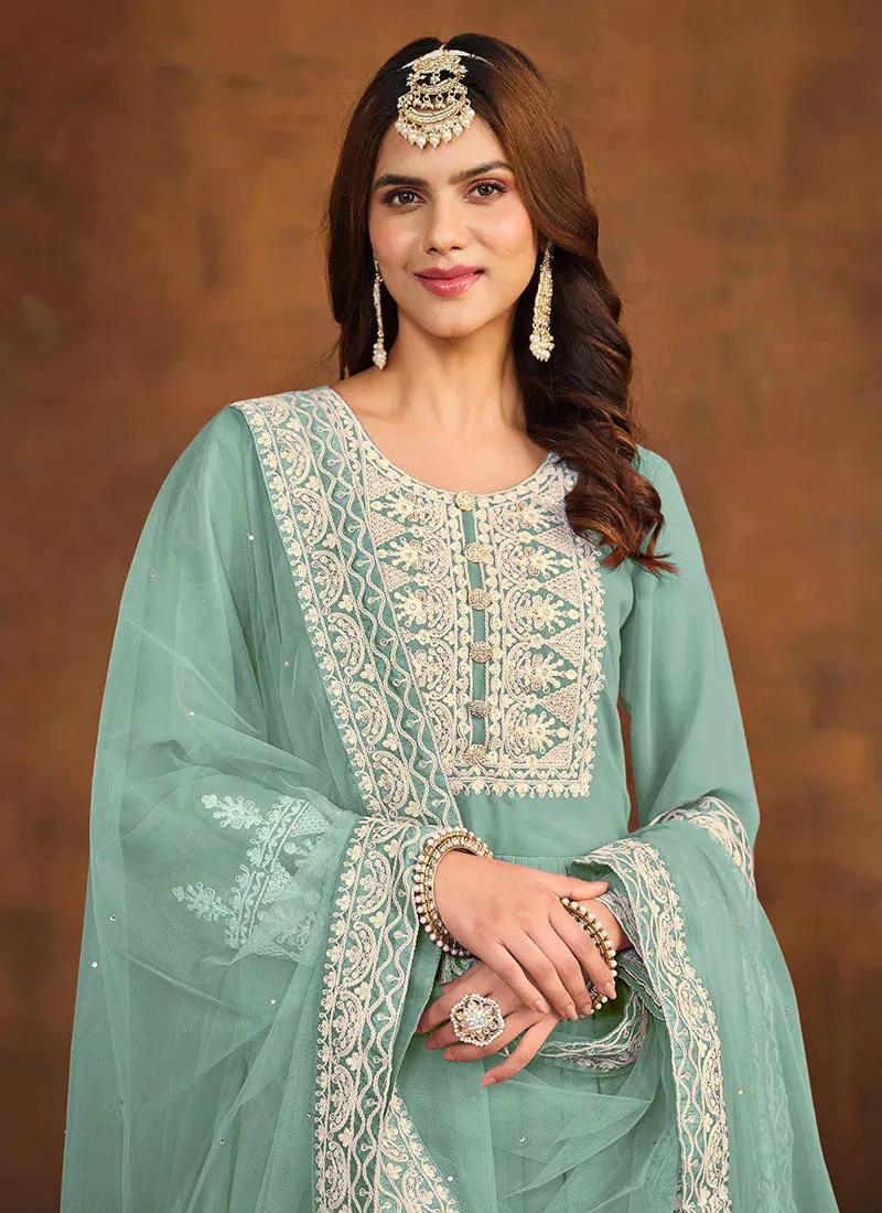 Regal Elegance Blue Embroidered Palazzo Style Suit