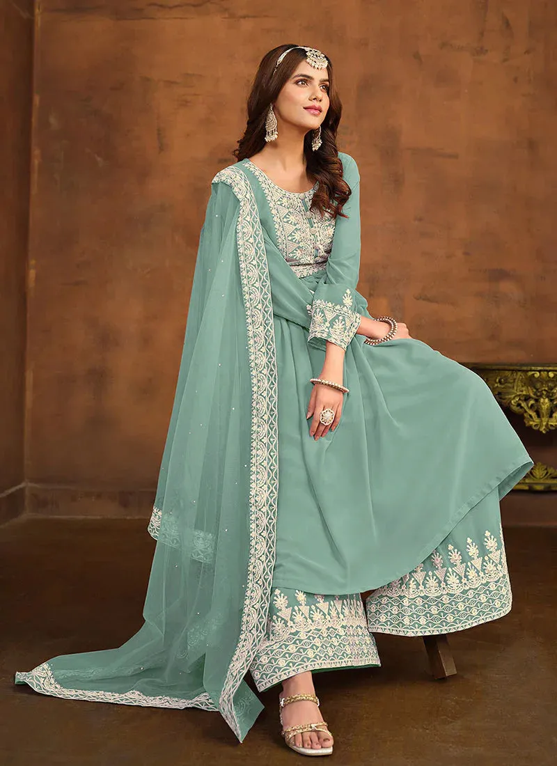 Regal Elegance Blue Embroidered Palazzo Style Suit