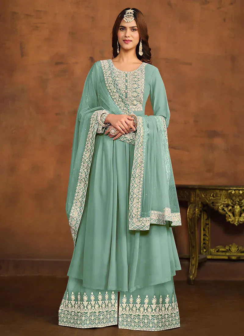 Regal Elegance Blue Embroidered Palazzo Style Suit