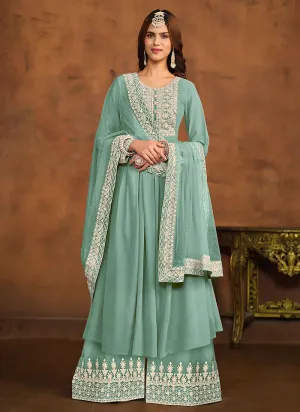 Regal Elegance Blue Embroidered Palazzo Style Suit