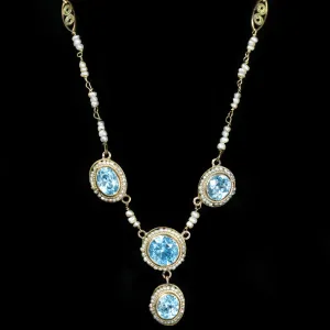 Retro 9.75 CTW Blue Zircon and Seed Pearl Necklace