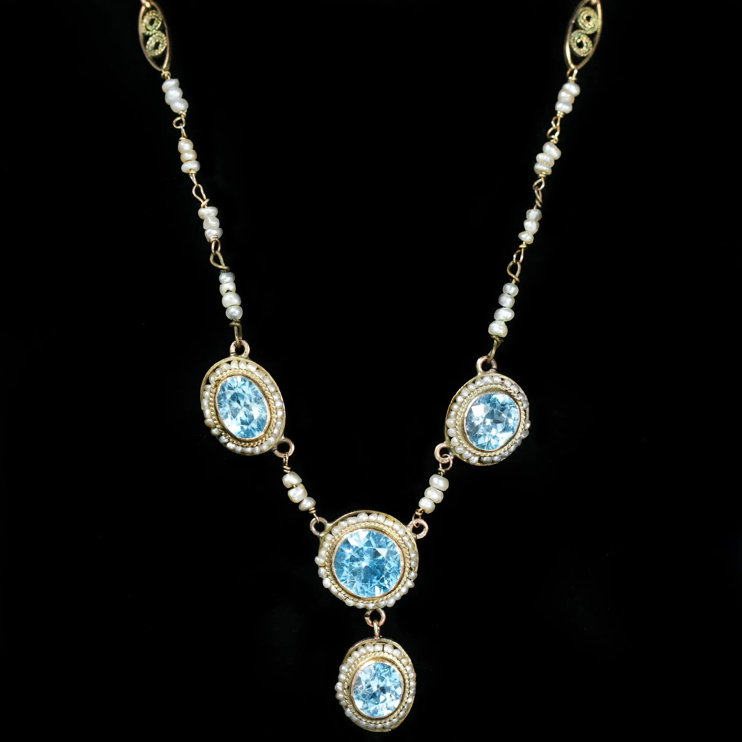 Retro 9.75 CTW Blue Zircon and Seed Pearl Necklace