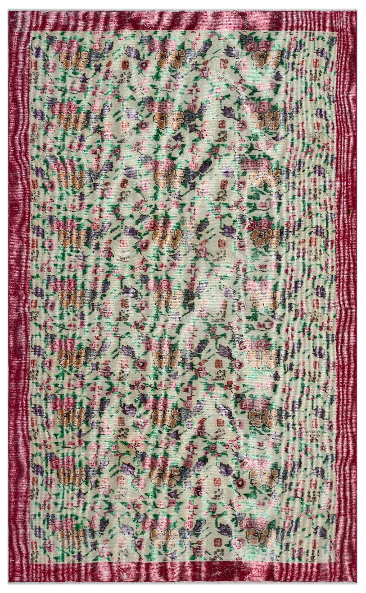Retro Design Floral Over Dyed Vintage Rug 5'5'' x 8'9'' ft 165 x 267 cm