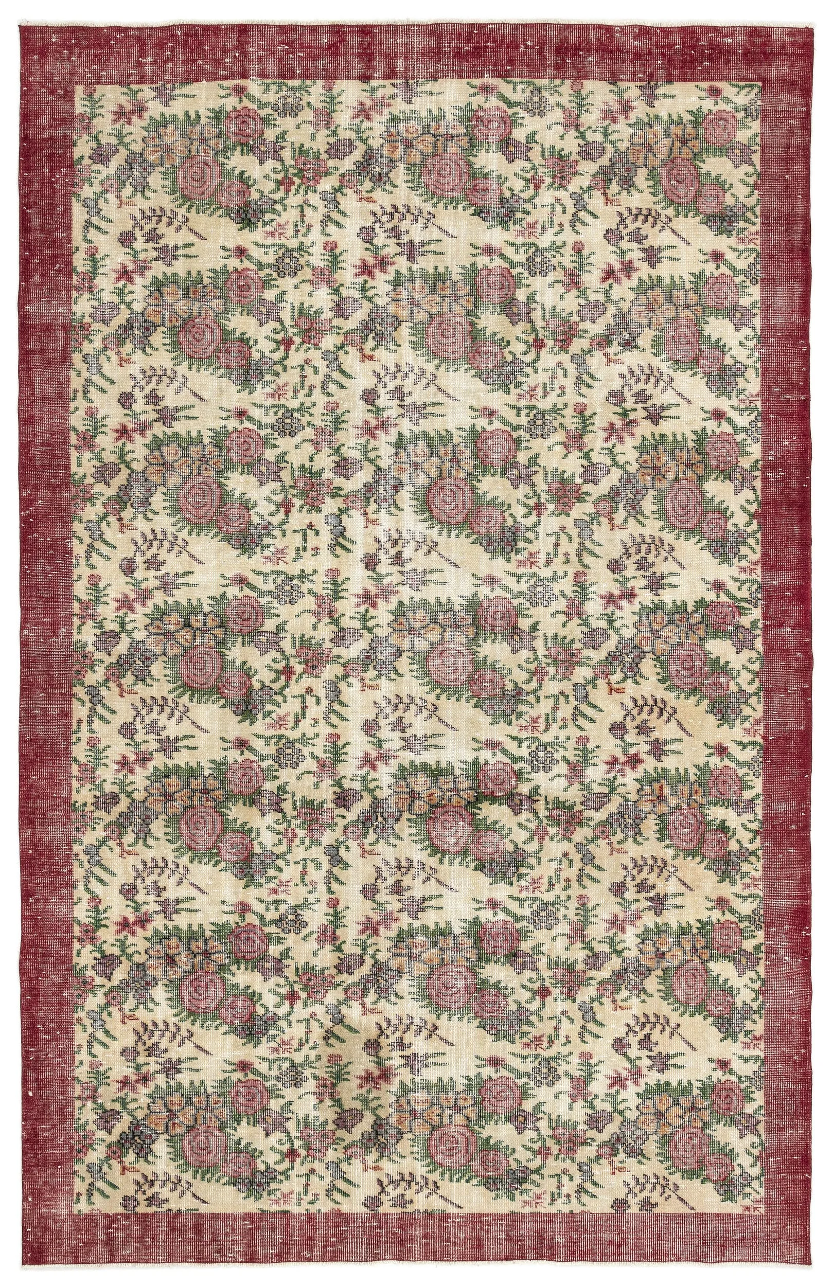 Retro Design Floral Over Dyed Vintage Rug 6'2'' x 9'8'' ft 188 x 295 cm