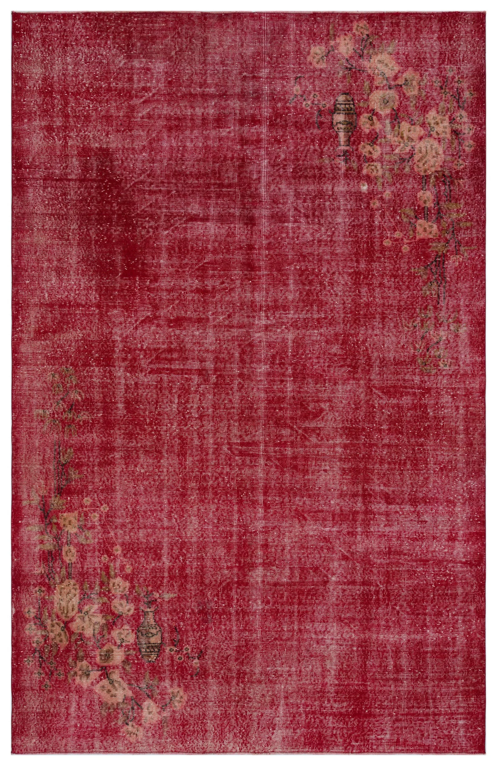 Retro Design Floral Over Dyed Vintage Rug 6'6'' x 9'11'' ft 197 x 303 cm