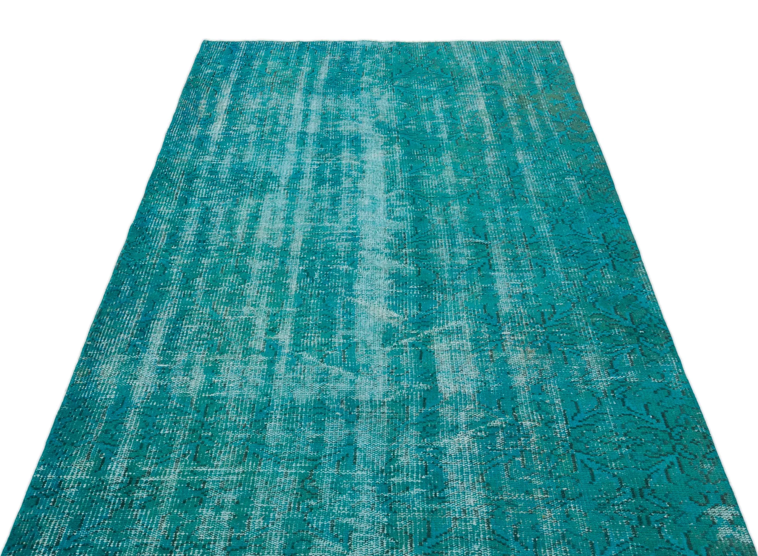 Retro Design Turquoise Over Dyed Vintage Rug 4'2'' x 7'10'' ft 126 x 238 cm