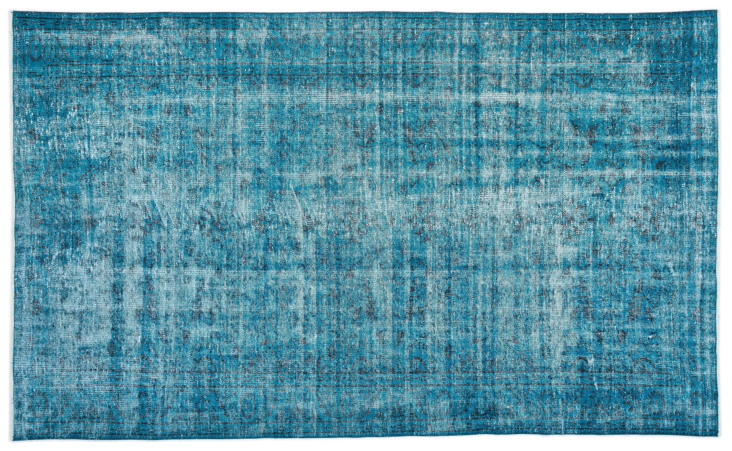 Retro Design Turquoise Over Dyed Vintage Rug 5'10'' x 9'7'' ft 177 x 291 cm