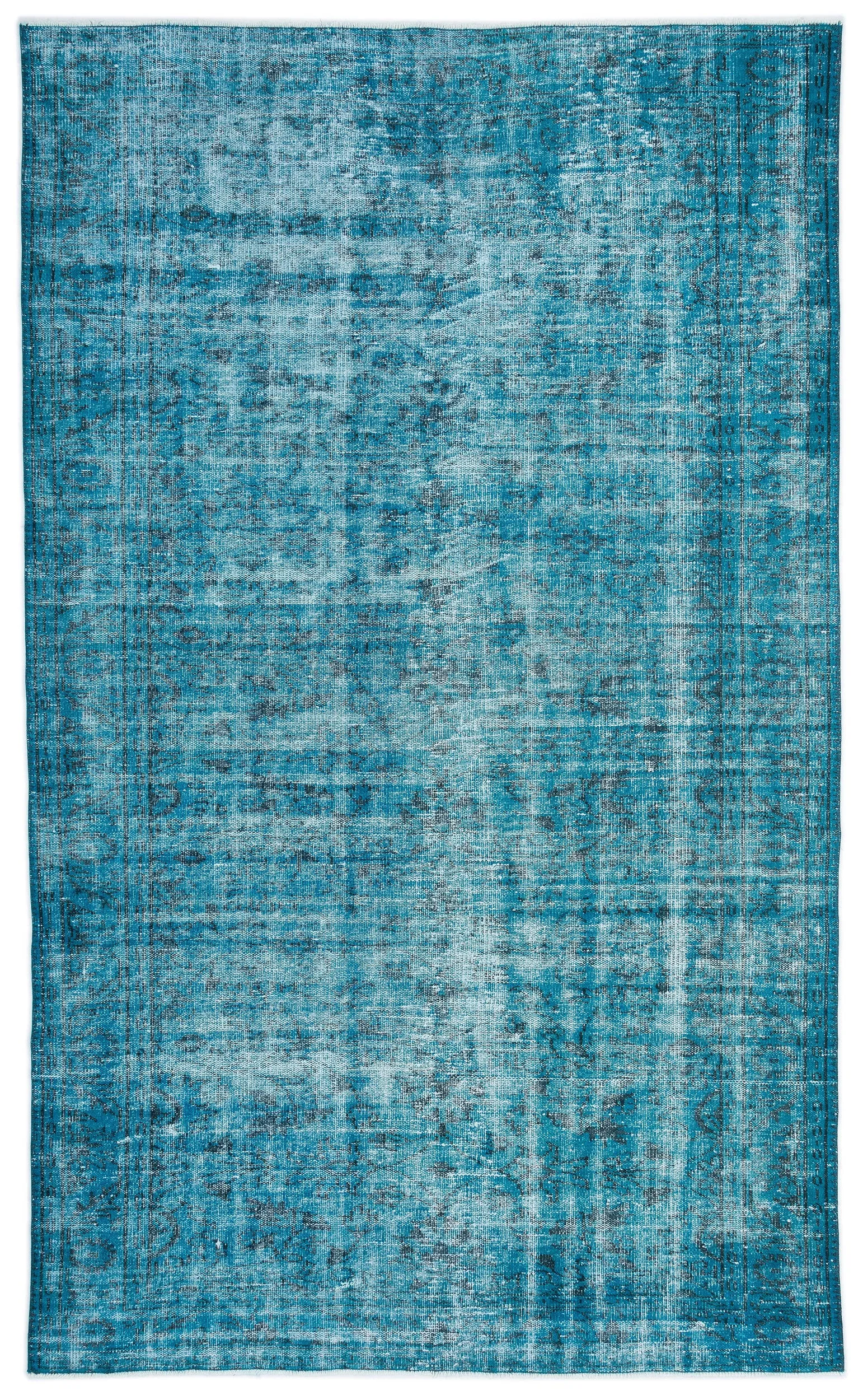Retro Design Turquoise Over Dyed Vintage Rug 5'10'' x 9'7'' ft 177 x 291 cm