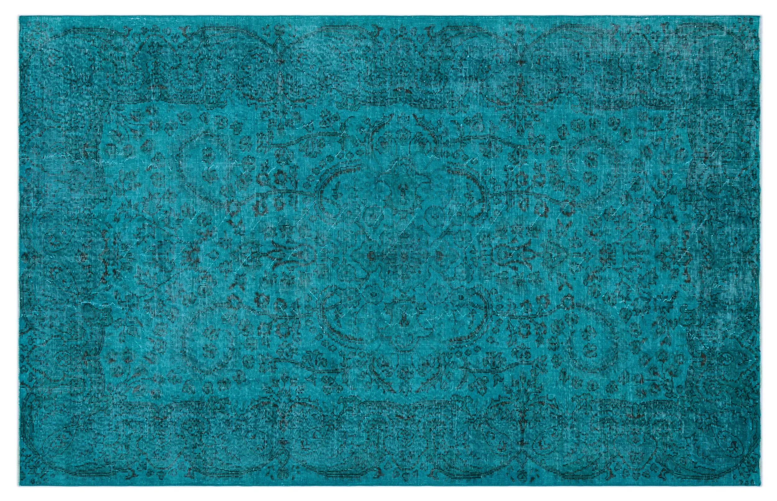 Retro Design Turquoise Over Dyed Vintage Rug 5'9'' x 9'2'' ft 174 x 279 cm