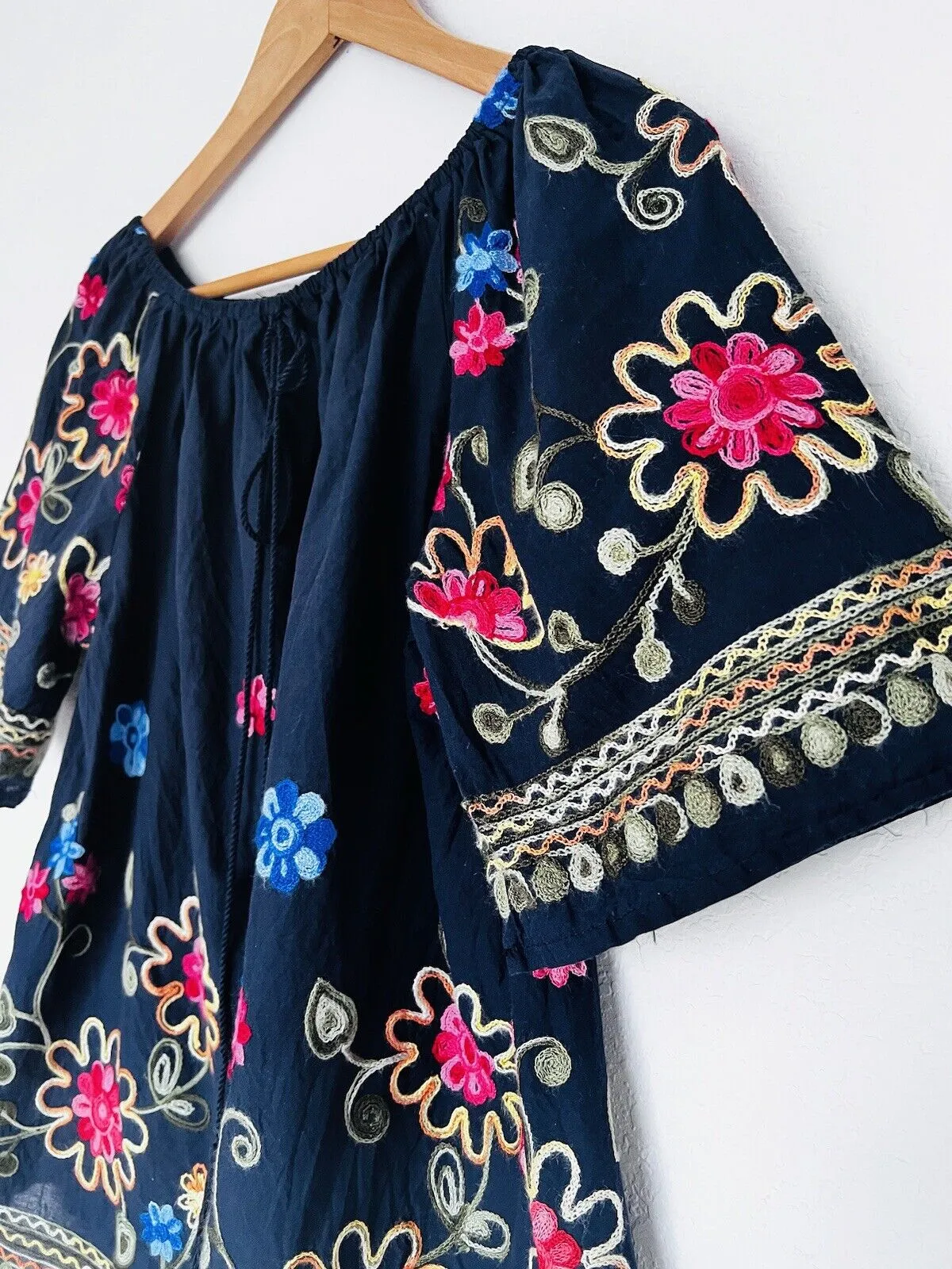 ROSE KNOX Navy Floral Embroidered Blouse Off Shoulder Top Boho Peasant