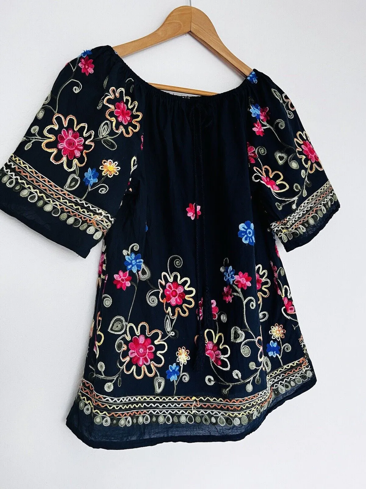 ROSE KNOX Navy Floral Embroidered Blouse Off Shoulder Top Boho Peasant