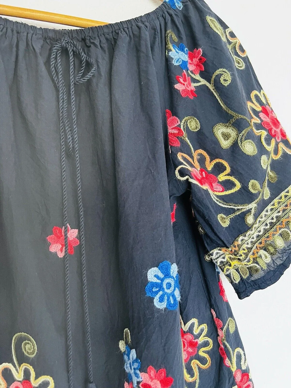 ROSE KNOX Navy Floral Embroidered Blouse Off Shoulder Top Boho Peasant