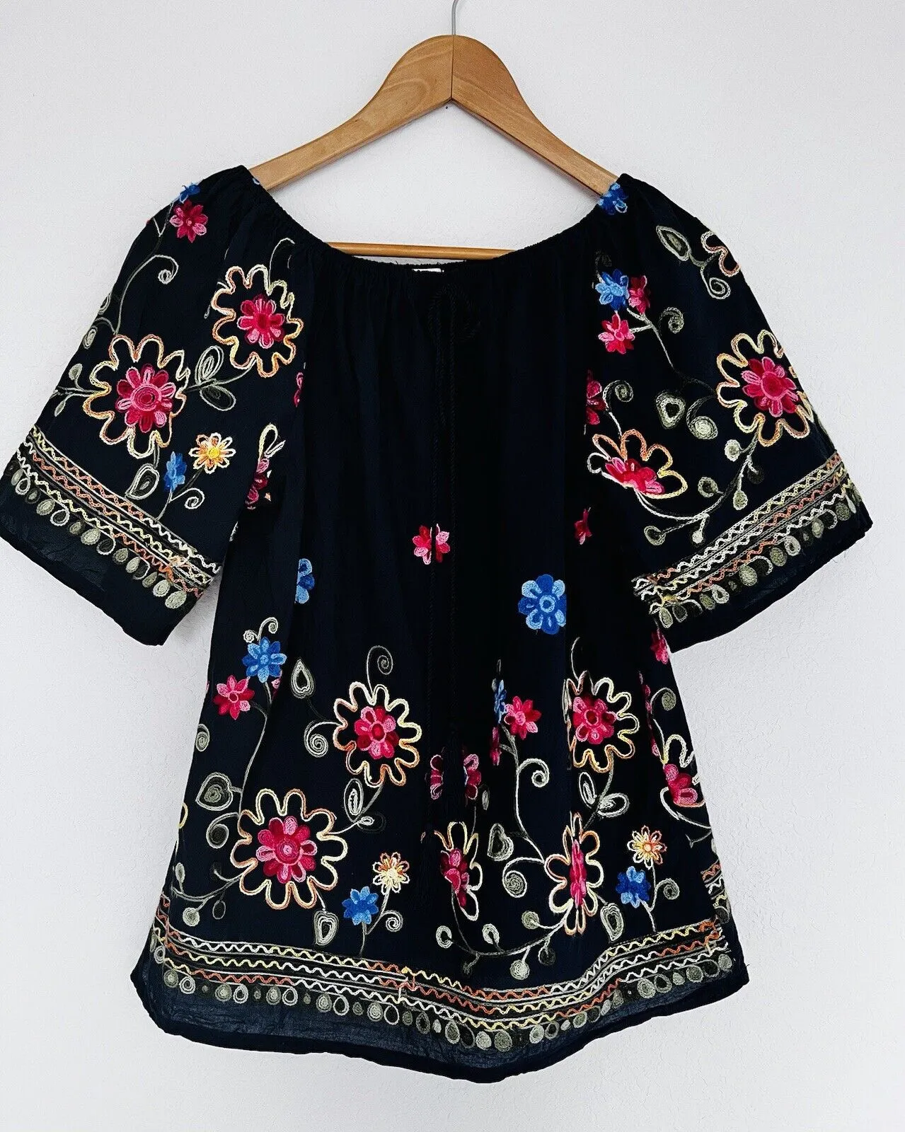 ROSE KNOX Navy Floral Embroidered Blouse Off Shoulder Top Boho Peasant