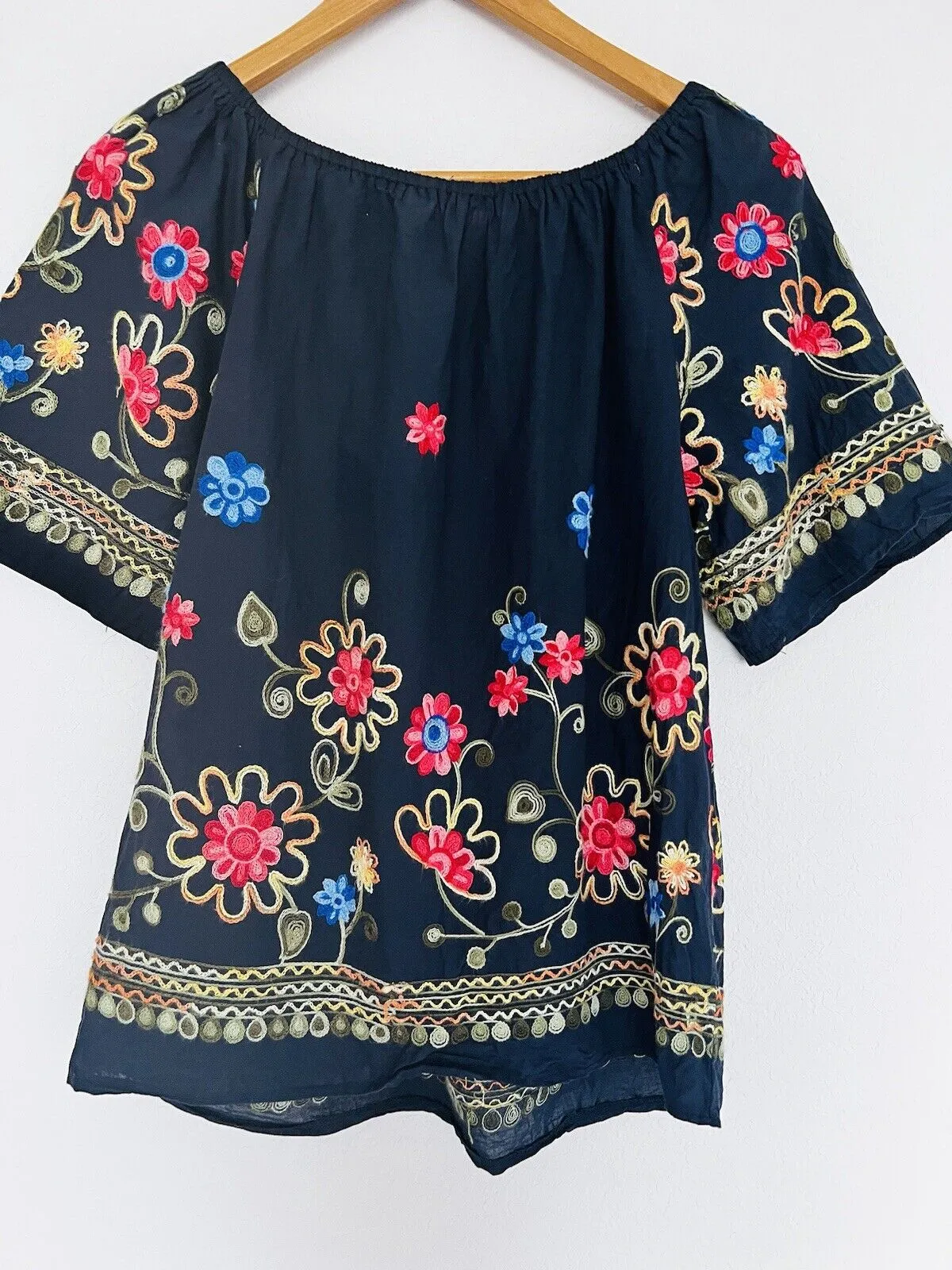 ROSE KNOX Navy Floral Embroidered Blouse Off Shoulder Top Boho Peasant