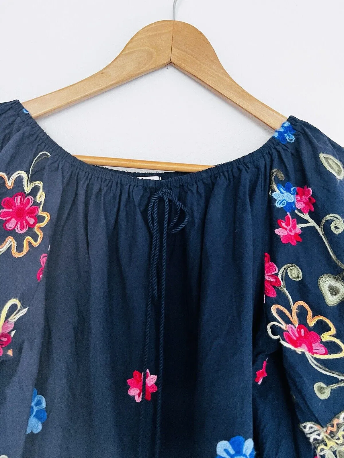 ROSE KNOX Navy Floral Embroidered Blouse Off Shoulder Top Boho Peasant