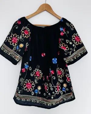 ROSE KNOX Navy Floral Embroidered Blouse Off Shoulder Top Boho Peasant