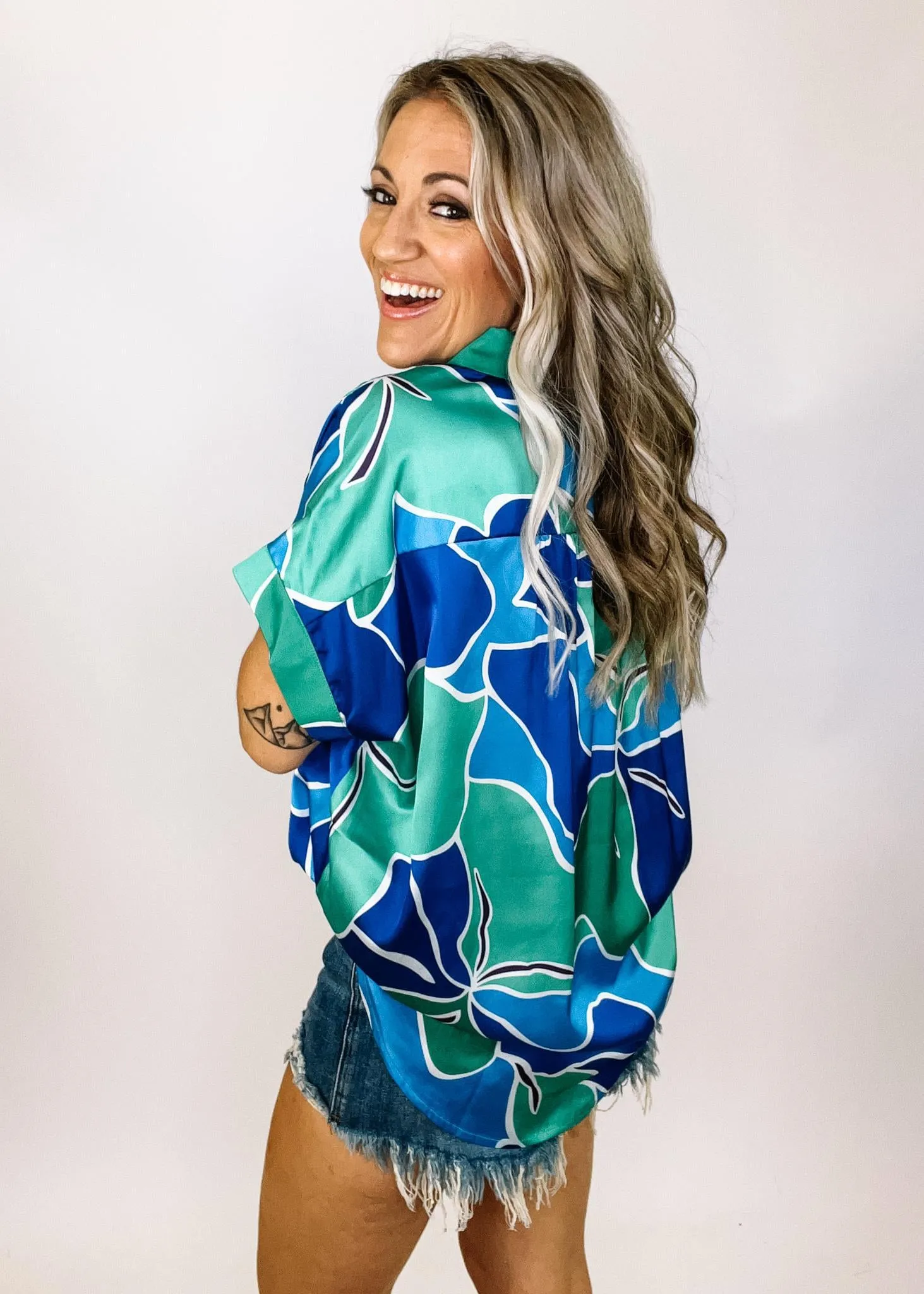 Royal and Green Satin Blouse