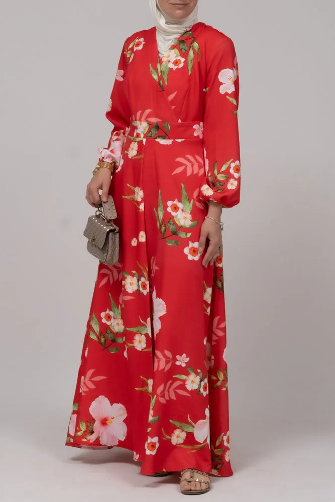 Sandalwood dress in bold floral print with v-neck elasticated sleeves zipper fastening