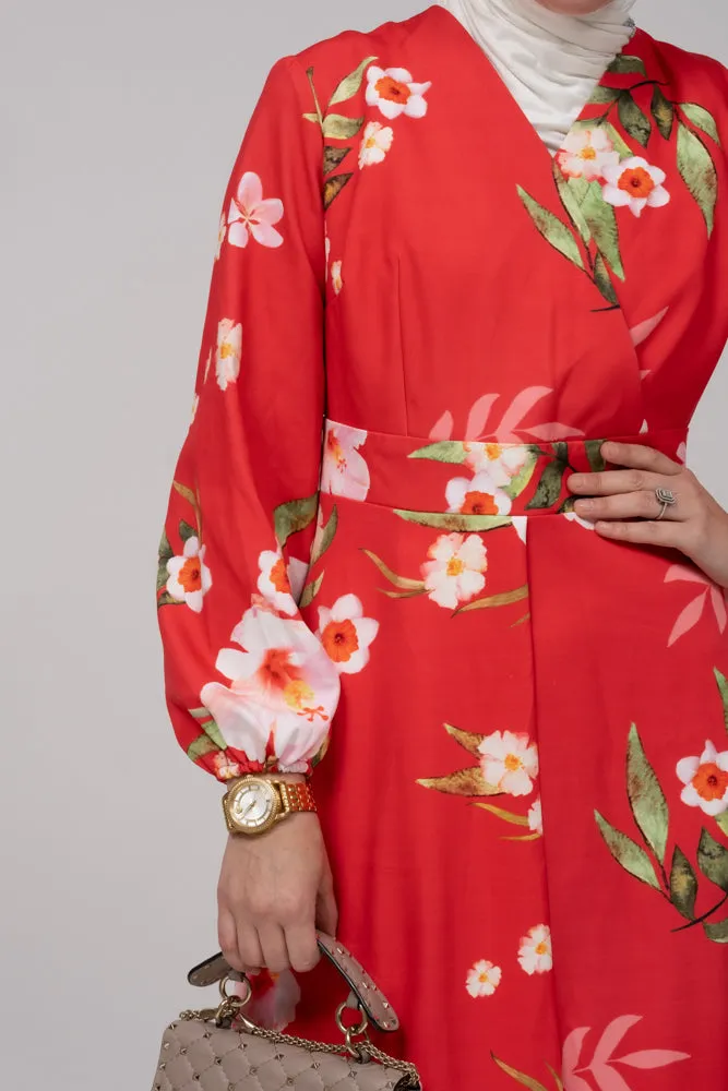 Sandalwood dress in bold floral print with v-neck elasticated sleeves zipper fastening