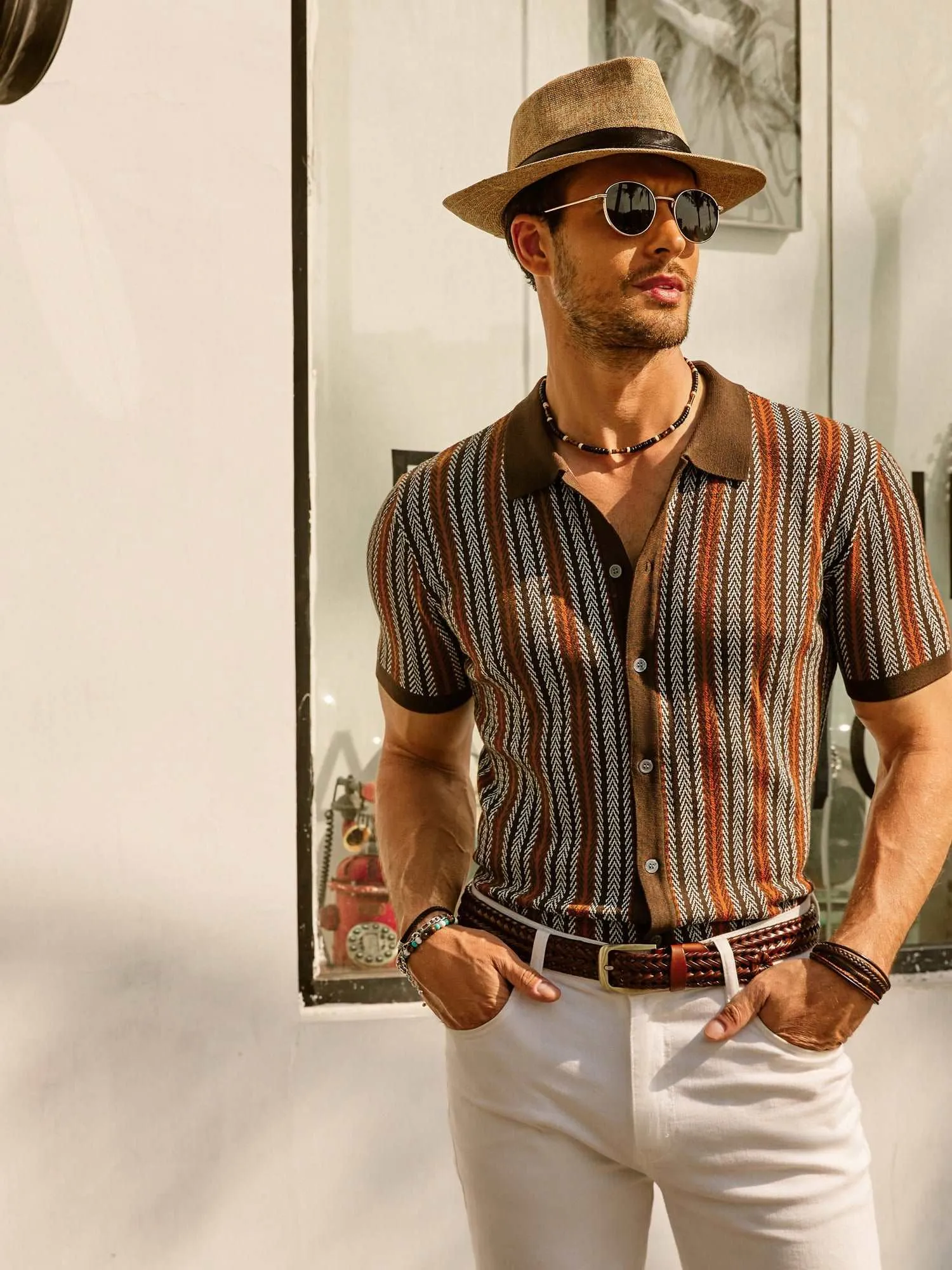 Santari | Mens 70s Style Knitted Polo Shirt Retro Summer Top with Open Collar for Holiday, Disco & Vintage Casual Looks